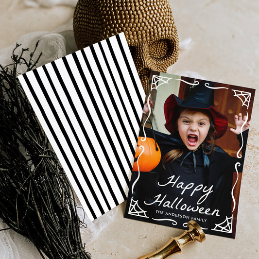 Whimsical Spiderweb Frame Halloween Photo Card Template