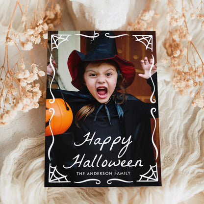Whimsical Spiderweb Frame Halloween Photo Card Template