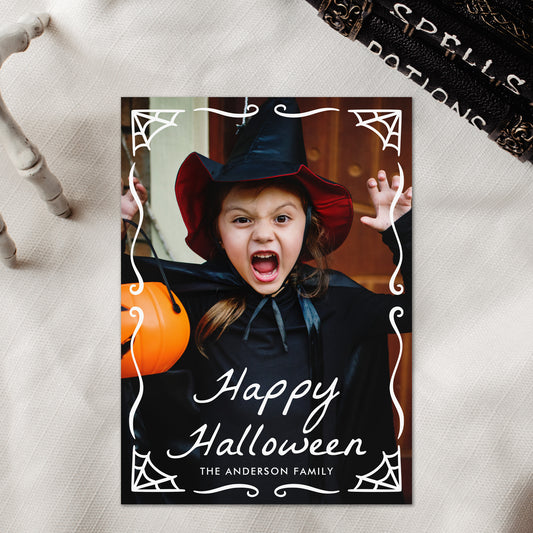Whimsical Spiderweb Frame Halloween Photo Card Template