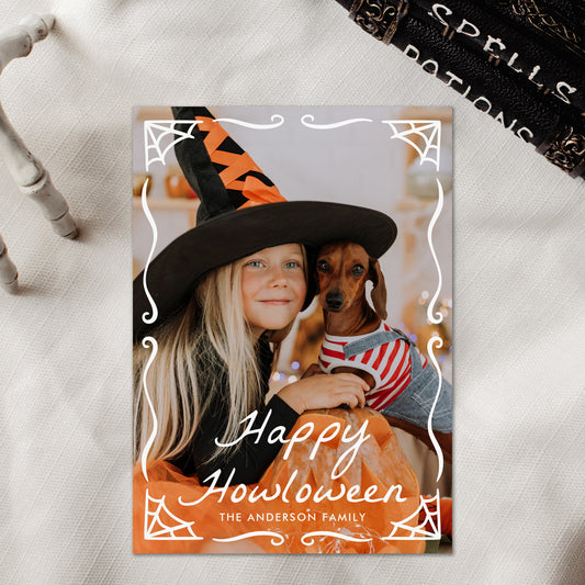 Whimsical Spiderweb Frame Dog Halloween Photo Card Template