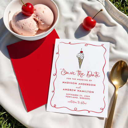 Whimsical Ice Cream Cone Wedding Save The Date Card | Corjl Template
