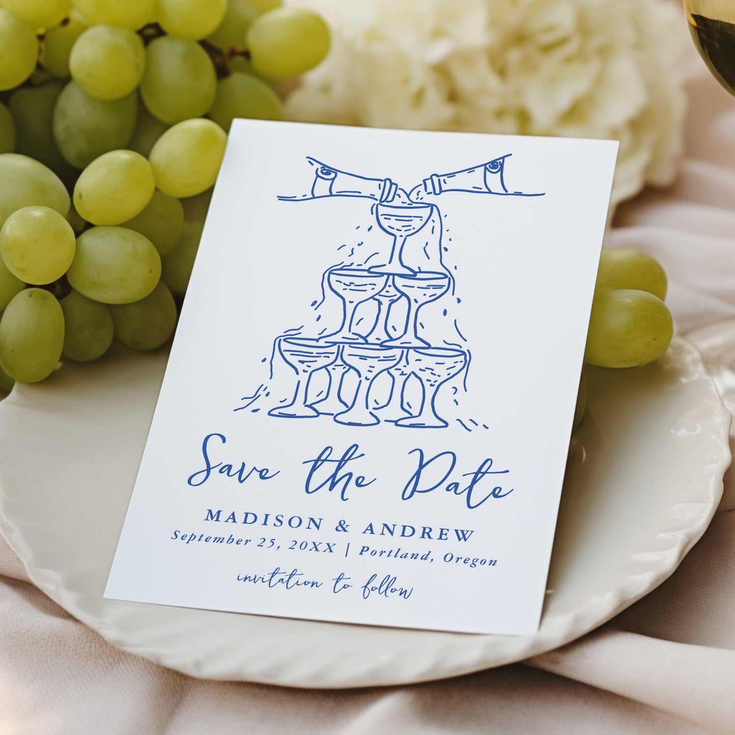 Whimsical Blue Champagne Tower Wedding Save The Date Card | Corjl Template