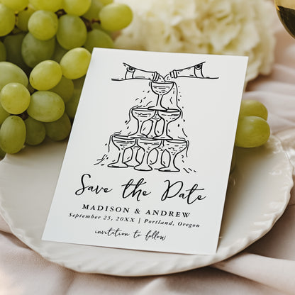 Whimsical Cream and Black Champagne Tower Wedding Save The Date Card | Corjl Template