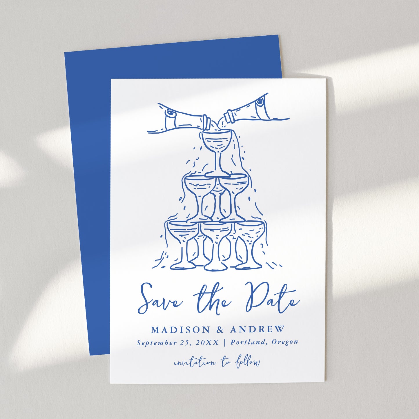 Whimsical Blue Champagne Tower Wedding Save The Date Card | Corjl Template