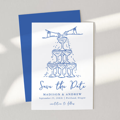 Whimsical Blue Champagne Tower Wedding Save The Date Card | Corjl Template