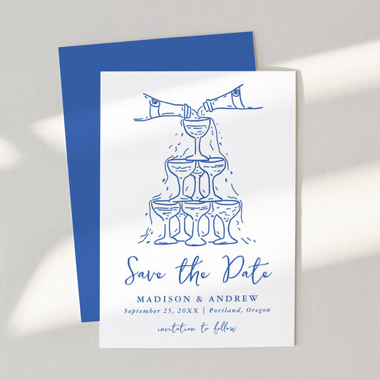 Whimsical Blue Champagne Tower Wedding Save The Date Card | Corjl Template