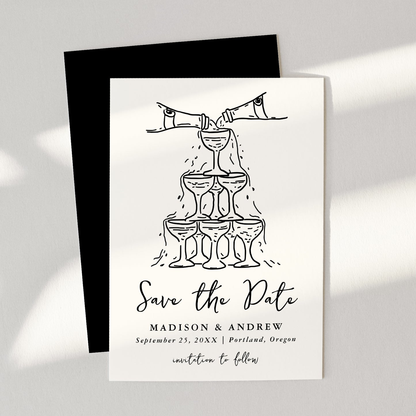 Whimsical Cream and Black Champagne Tower Wedding Save The Date Card | Corjl Template