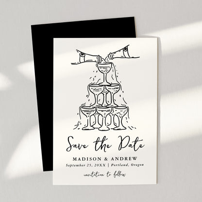 Whimsical Cream and Black Champagne Tower Wedding Save The Date Card | Corjl Template