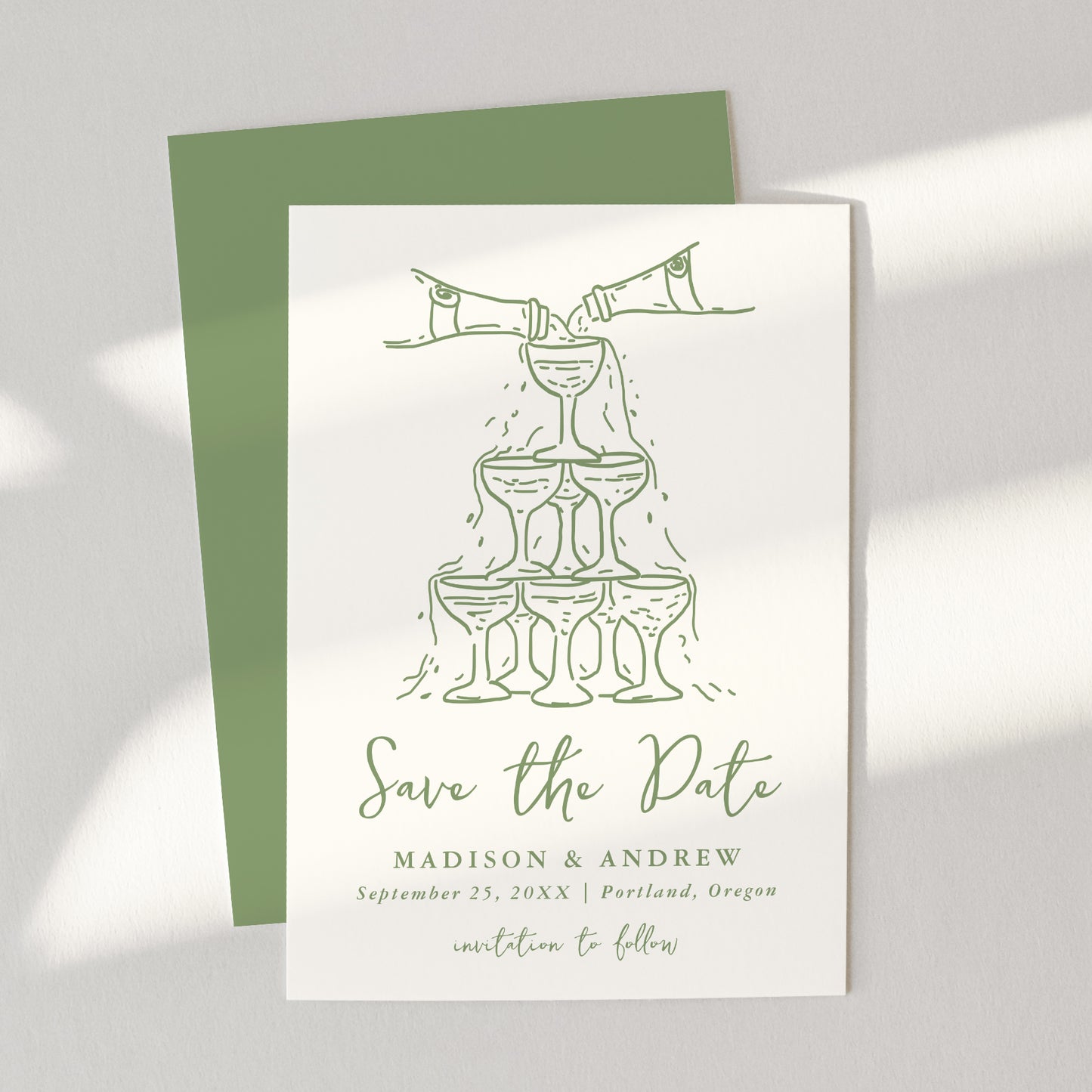 Whimsical Champagne Tower Green Wedding Save The Date Card | Corjl Template