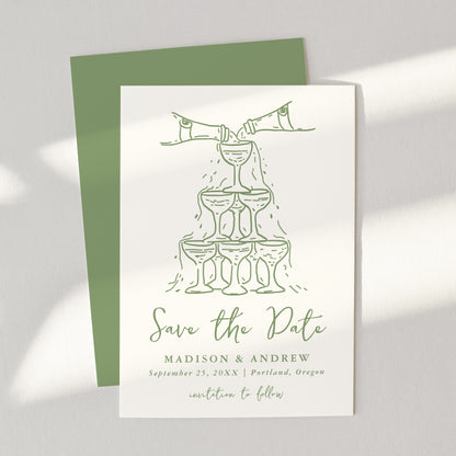 Whimsical Champagne Tower Green Wedding Save The Date Card | Corjl Template