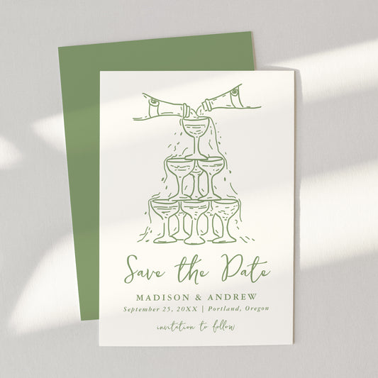 Whimsical Champagne Tower Green Wedding Save The Date Card | Corjl Template