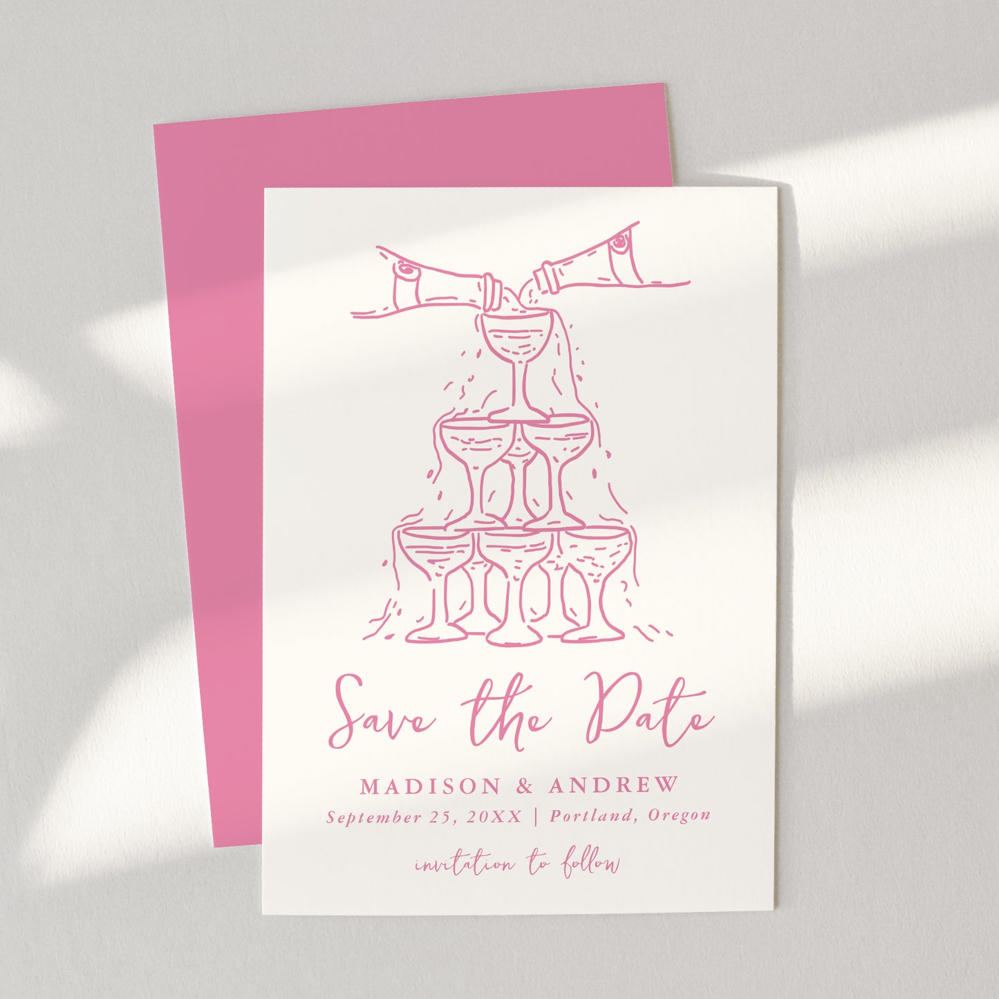 Whimsical Pink Champagne Tower Wedding Save the Date Card | Corjl Template