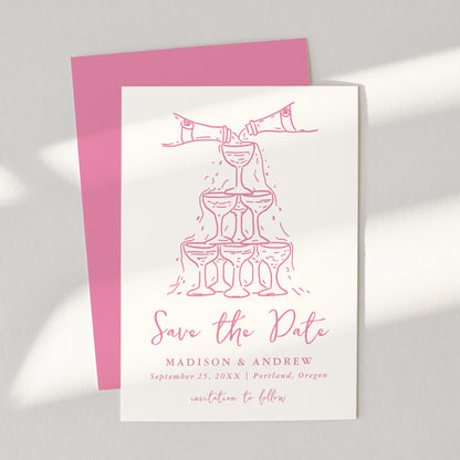 Whimsical Pink Champagne Tower Wedding Save the Date Card | Corjl Template