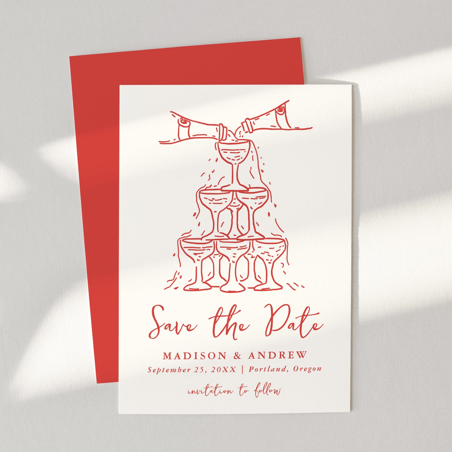 Whimsical Red Champagne Tower Wedding Save The Date Card | Corjl Template
