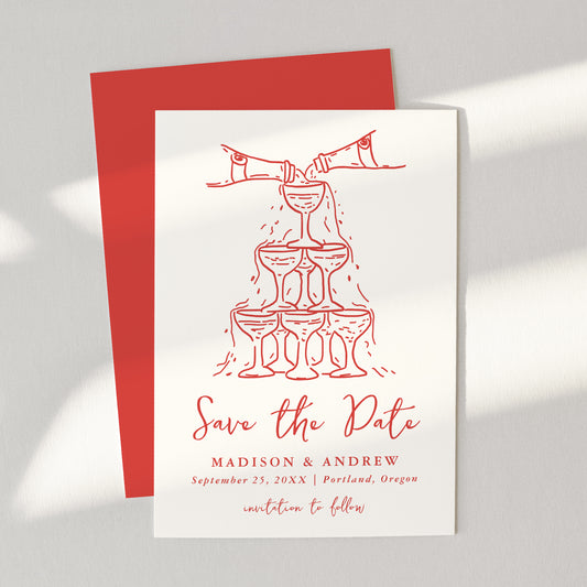 Whimsical Red Champagne Tower Wedding Save The Date Card | Corjl Template