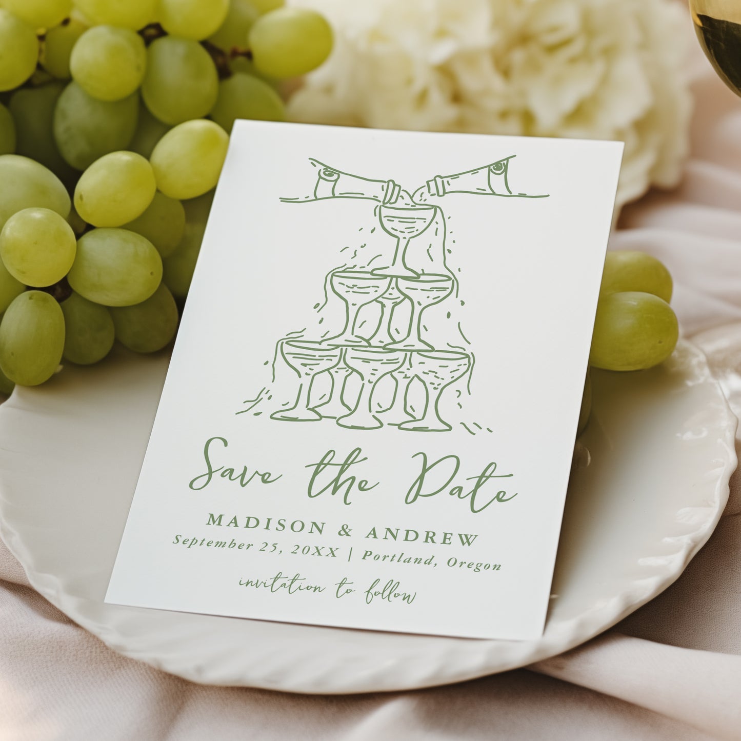 Whimsical Champagne Tower Green Wedding Save The Date Card | Corjl Template