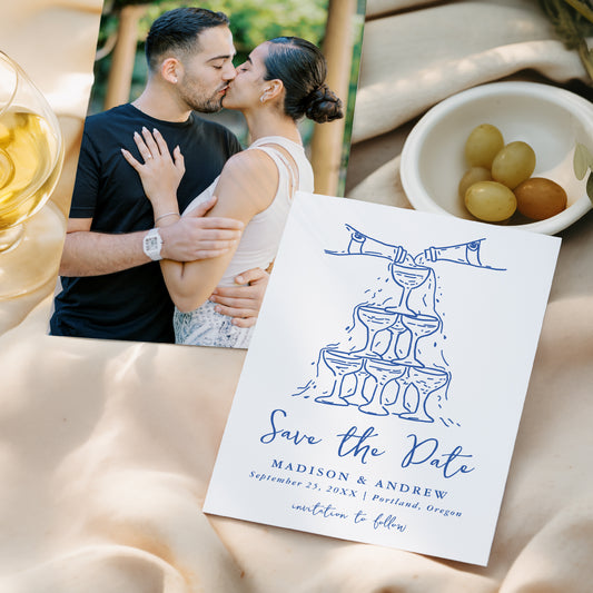 Whimsical Blue Champagne Tower Photo Wedding Save The Date Card | Corjl Template