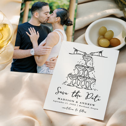 Whimsical Cream and Black Champagne Tower Photo Wedding Save The Date Card | Corjl Template