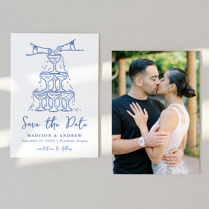 Whimsical Blue Champagne Tower Photo Wedding Save The Date Card | Corjl Template
