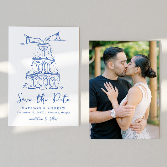 Whimsical Blue Champagne Tower Photo Wedding Save The Date Card | Corjl Template