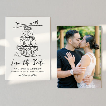 Whimsical Cream and Black Champagne Tower Photo Wedding Save The Date Card | Corjl Template