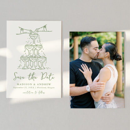Whimsical Green Champagne Tower Photo Wedding Save The Date Card | Corjl Template