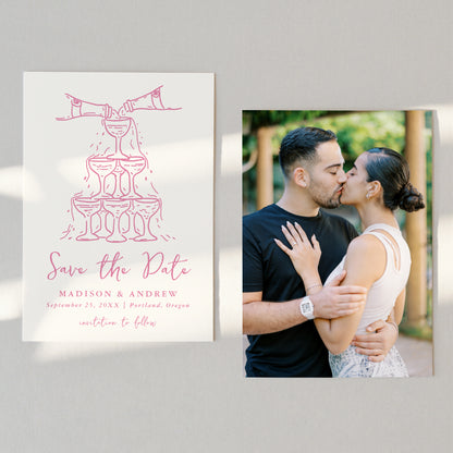 Whimsical Pink Champagne Tower Photo Wedding Save The Date Card | Corjl Template