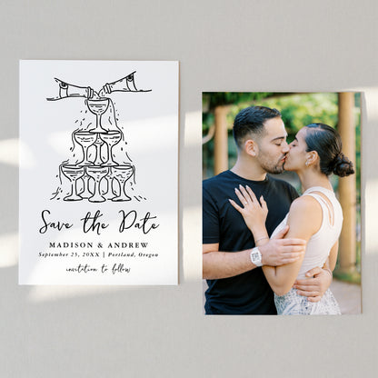 Whimsical Black Champagne Tower Photo Wedding Save The Date Card | Corjl Template