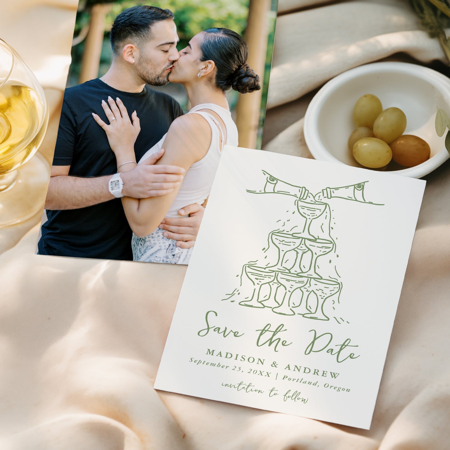 Whimsical Green Champagne Tower Photo Wedding Save The Date Card | Corjl Template