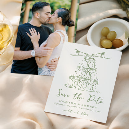 Whimsical Green Champagne Tower Photo Wedding Save The Date Card | Corjl Template