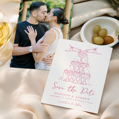 Whimsical Pink Champagne Tower Photo Wedding Save The Date Card | Corjl Template