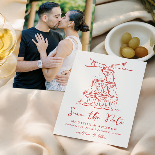 Whimsical Red Champagne Tower Photo Wedding Save The Date Card | Corjl Template