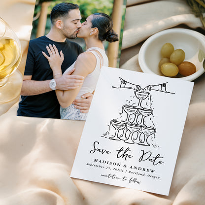 Whimsical Black Champagne Tower Photo Wedding Save The Date Card | Corjl Template