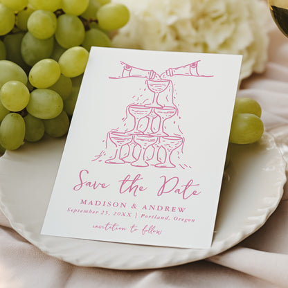 Whimsical Pink Champagne Tower Wedding Save the Date Card | Corjl Template