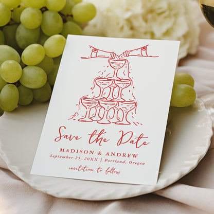 Whimsical Red Champagne Tower Wedding Save The Date Card | Corjl Template