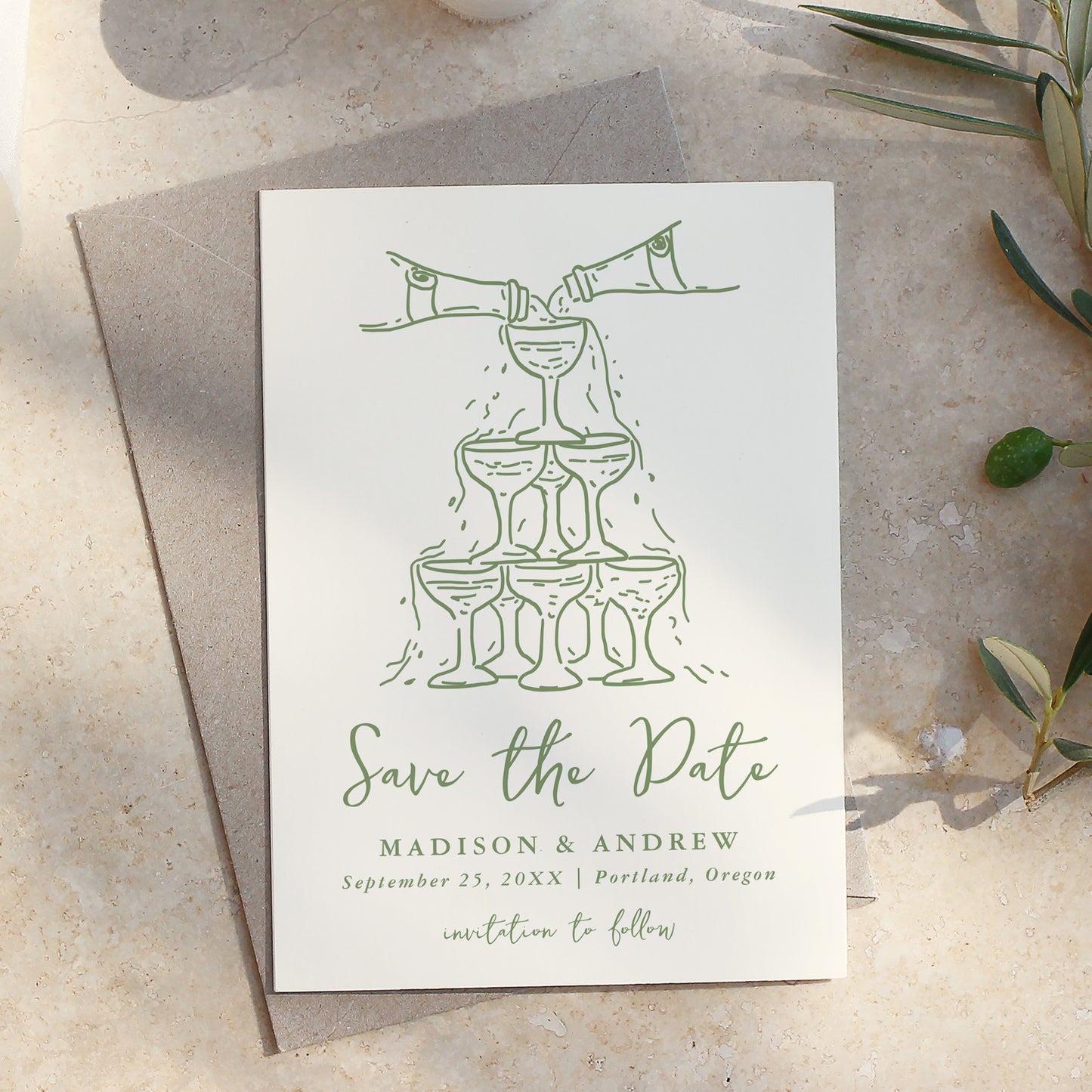 Whimsical Champagne Tower Green Wedding Save The Date Card | Corjl Template