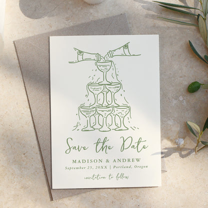 Whimsical Champagne Tower Green Wedding Save The Date Card | Corjl Template