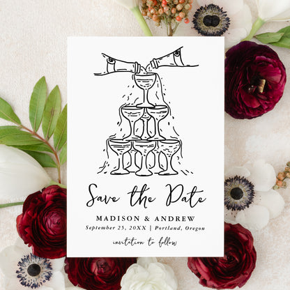 Whimsical Black Champagne Tower Handwritten Wedding Save The Date Card | Corjl Template
