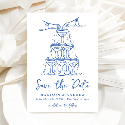 Whimsical Blue Champagne Tower Photo Wedding Save The Date Card | Corjl Template