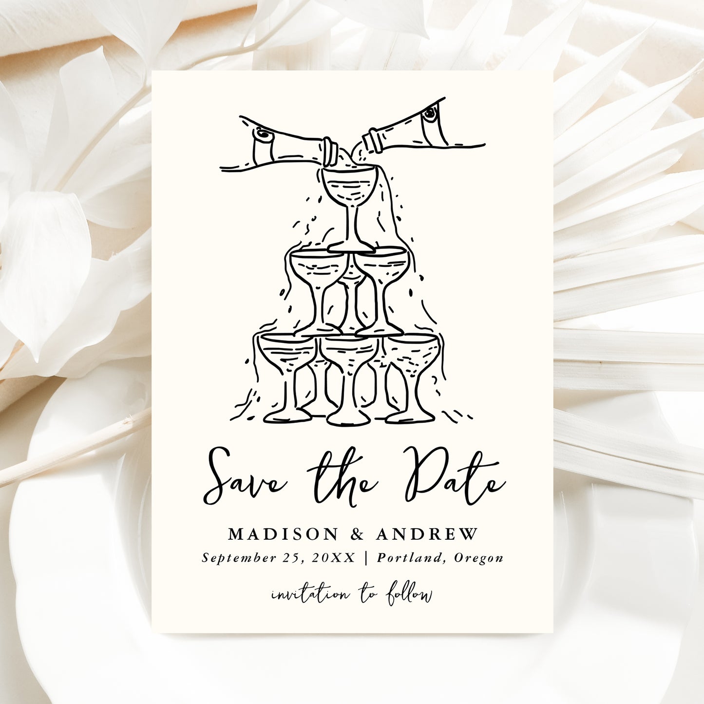 Whimsical Cream and Black Champagne Tower Photo Wedding Save The Date Card | Corjl Template