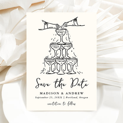Whimsical Cream and Black Champagne Tower Photo Wedding Save The Date Card | Corjl Template