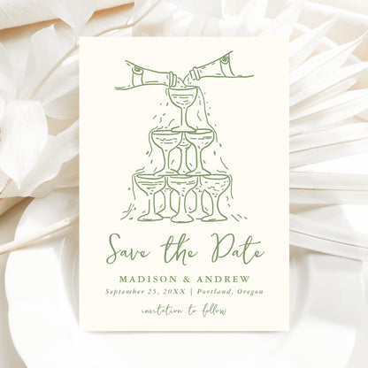Whimsical Green Champagne Tower Photo Wedding Save The Date Card | Corjl Template