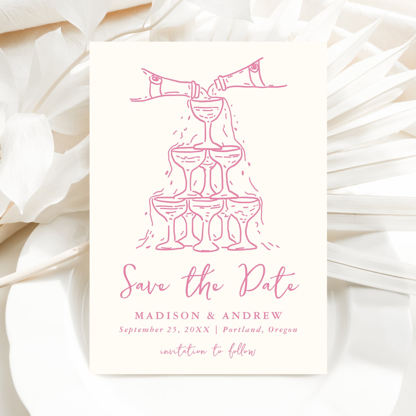 Whimsical Pink Champagne Tower Photo Wedding Save The Date Card | Corjl Template