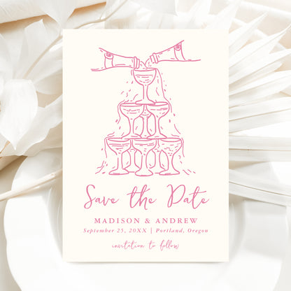 Whimsical Pink Champagne Tower Photo Wedding Save The Date Card | Corjl Template