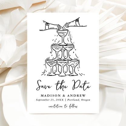 Whimsical Black Champagne Tower Photo Wedding Save The Date Card | Corjl Template