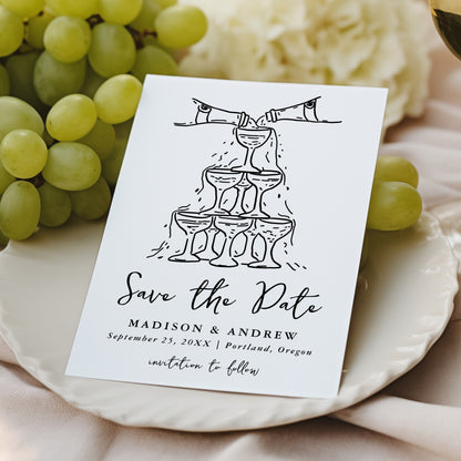 Whimsical Black Champagne Tower Handwritten Wedding Save The Date Card | Corjl Template