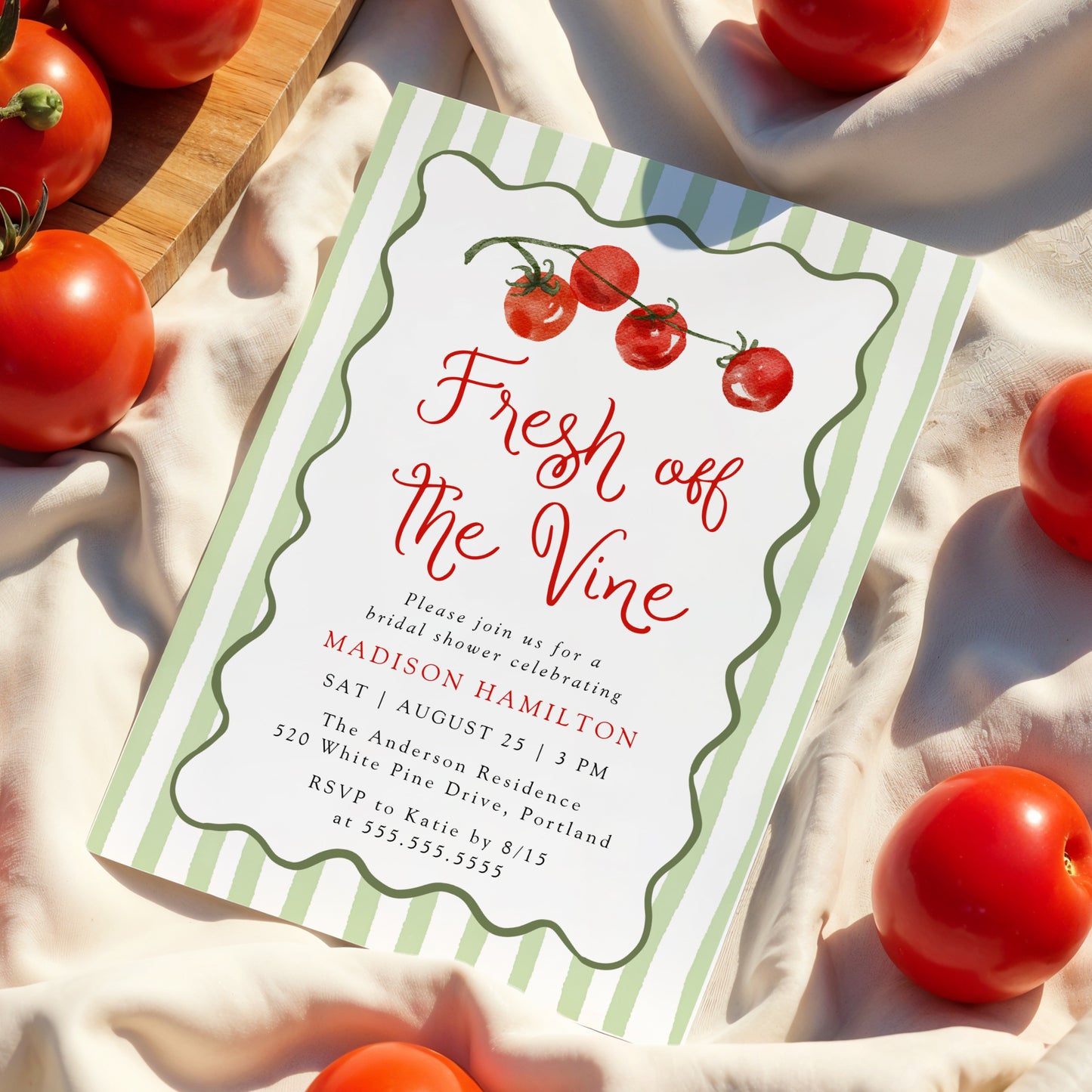 Fresh Off the Vine Green Tomato Bridal Shower Invitation | Corjl Template