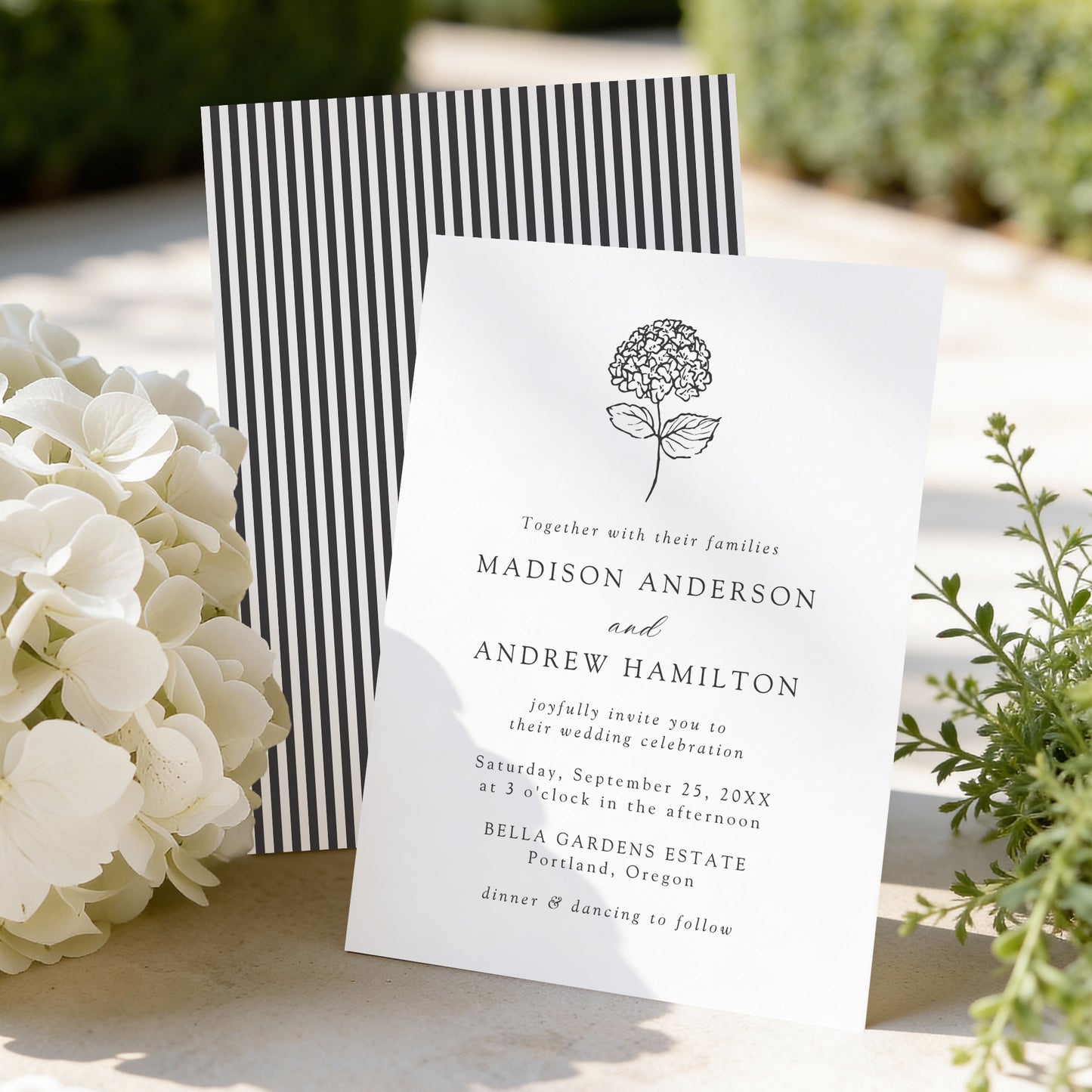 Classic Charcoal Hydrangea Wedding Invitation | Corjl Template