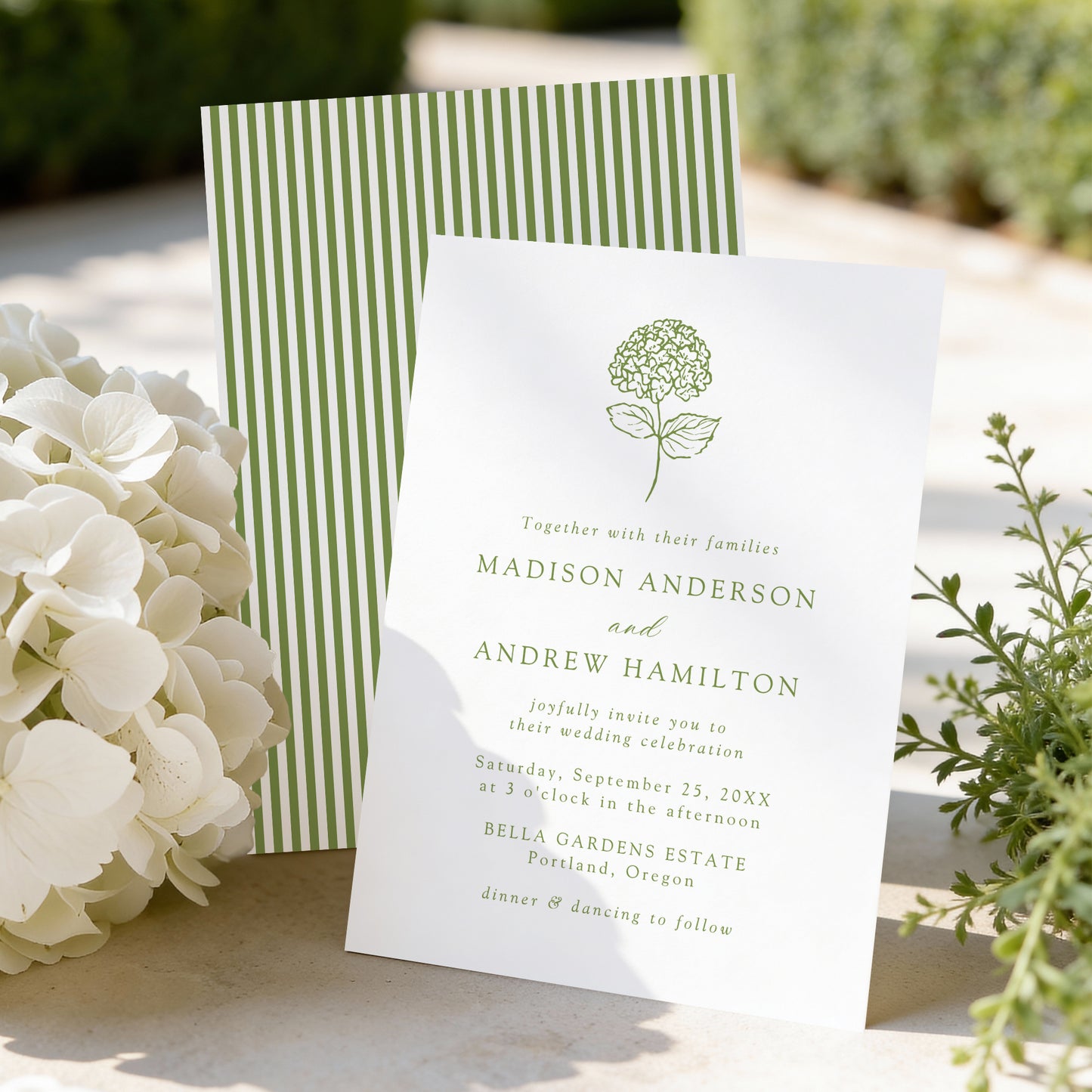 Classic Olive Green Hydrangea Wedding Invitation | Corjl Template