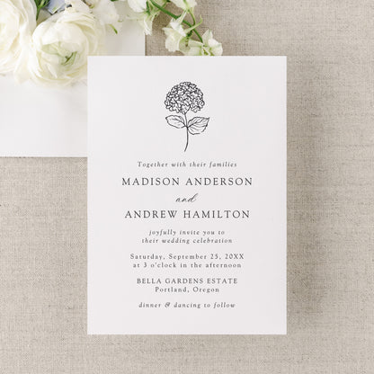 Classic Charcoal Hydrangea Wedding Invitation | Corjl Template